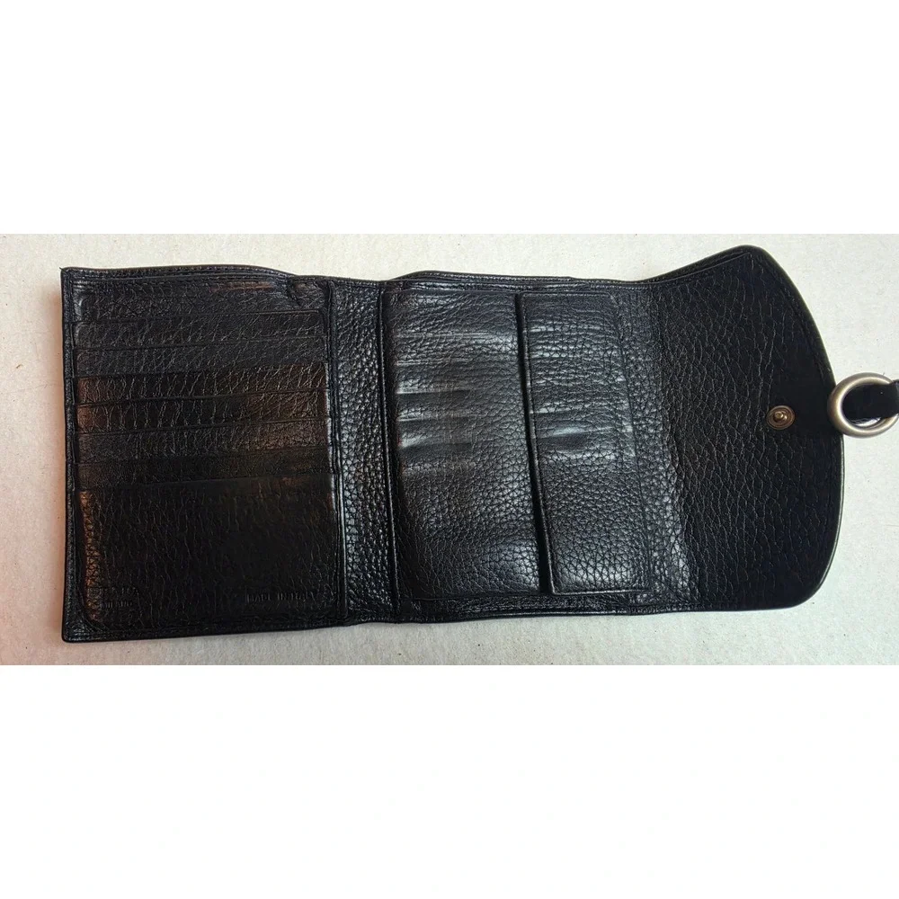 Authentic Black Pebbled Leather Trifold Wallet Buckle Ring Detail Made in Italy